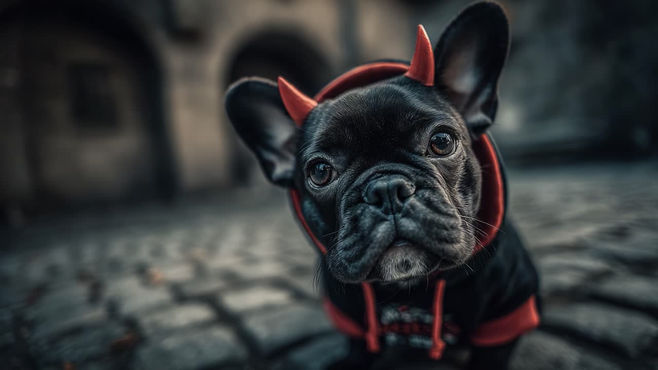 A Charming Black French Bulldog Dressed in a Red and Black Costume with Devil Horns Poses for the Camera on a Cobblestone Street in a Mysterious Setting
