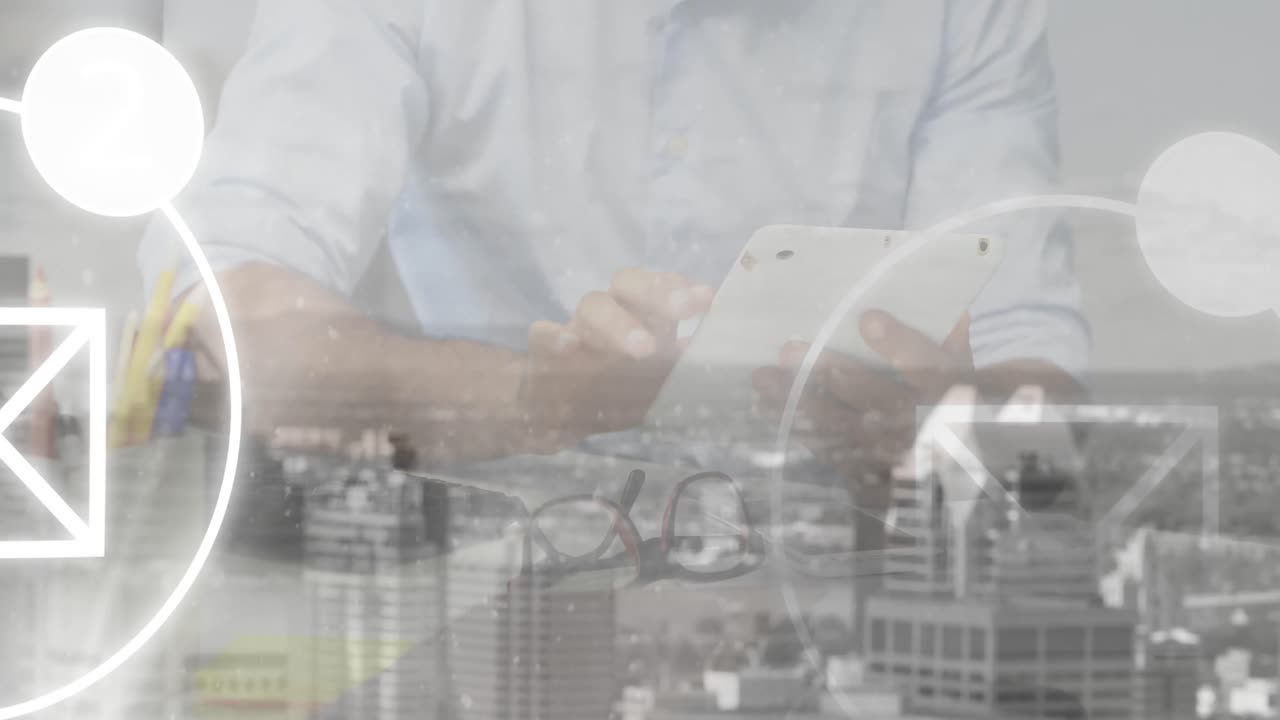 都市景観のアニメーション コーカシアのビジネスマンが職に就いている