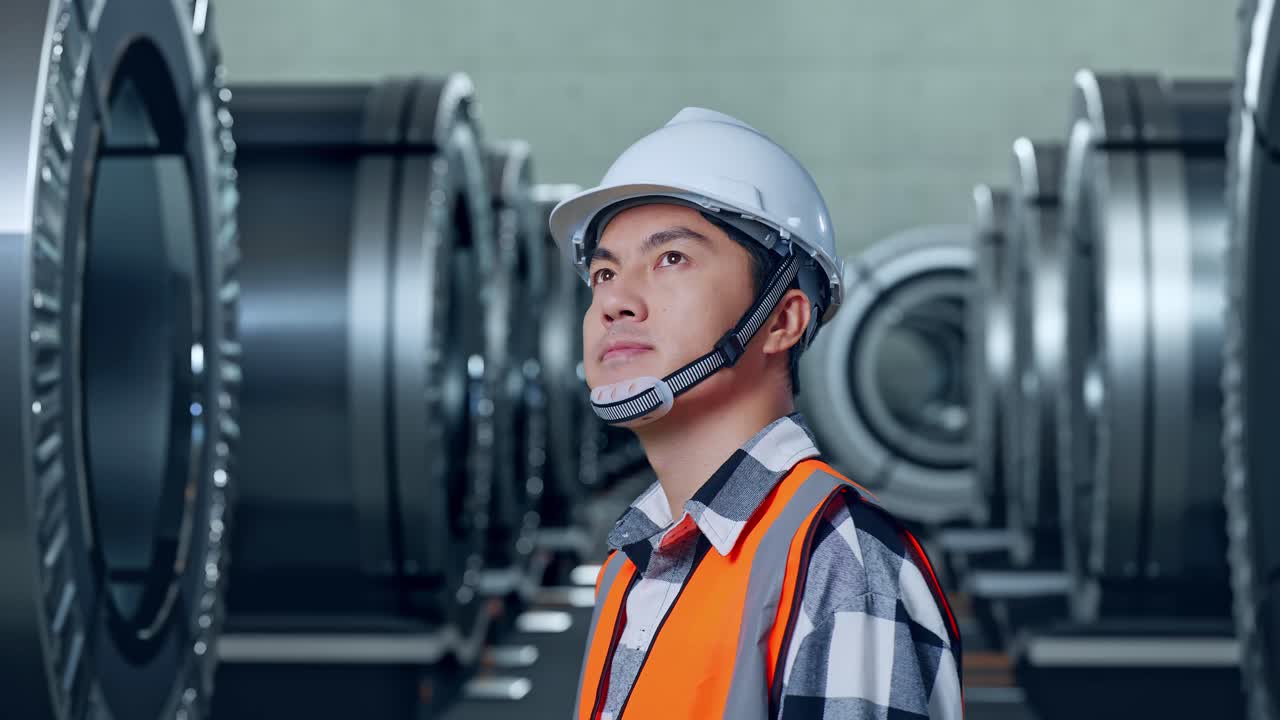 금속 공장에서 서 있는 동안 안전 헬을 착용 한 아시아 남성 엔지니어의 가까운 측면 뷰