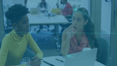 animation of data processing with globe over diverse female colleagues discussing work in office