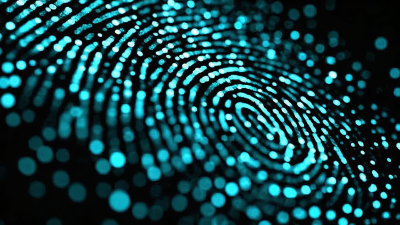 A captivating visual display of a digital fingerprint with intricate patterns, illuminated in vibrant shades of blue against a dark background, showcasing uniqueness and technological depth