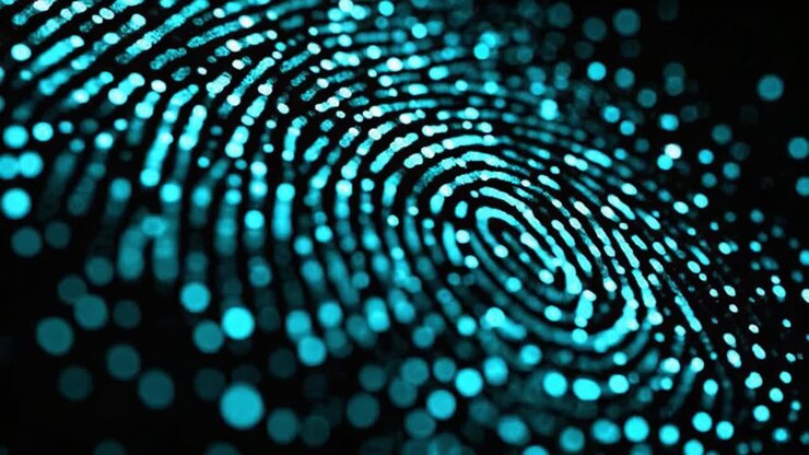 A captivating visual display of a digital fingerprint with intricate patterns, illuminated in vibrant shades of blue against a dark background, showcasing uniqueness and technological depth