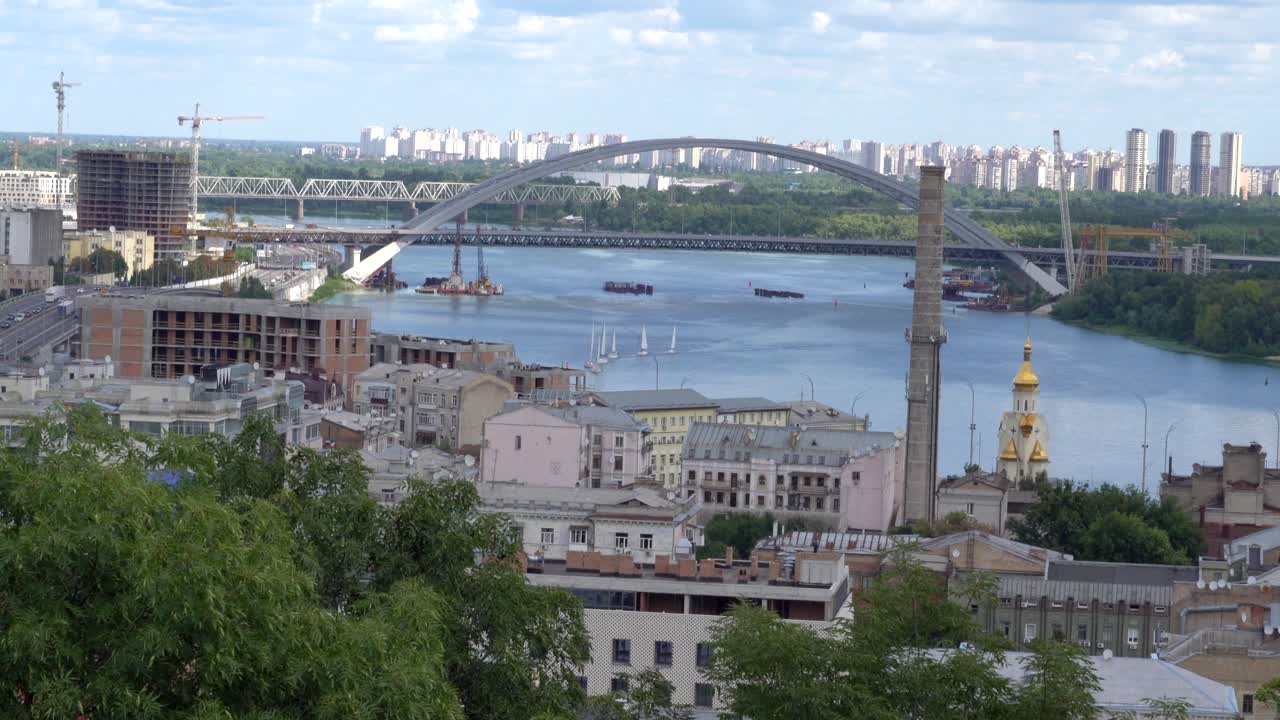 Panoramic View of a City with a River, Bridge, and Buildings