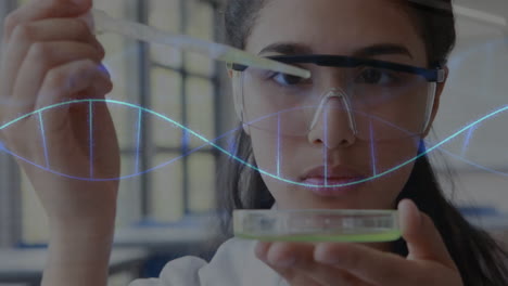 Animation-of-dna-strand-over-caucasian-female-scientist-doing-experiment-in-lab