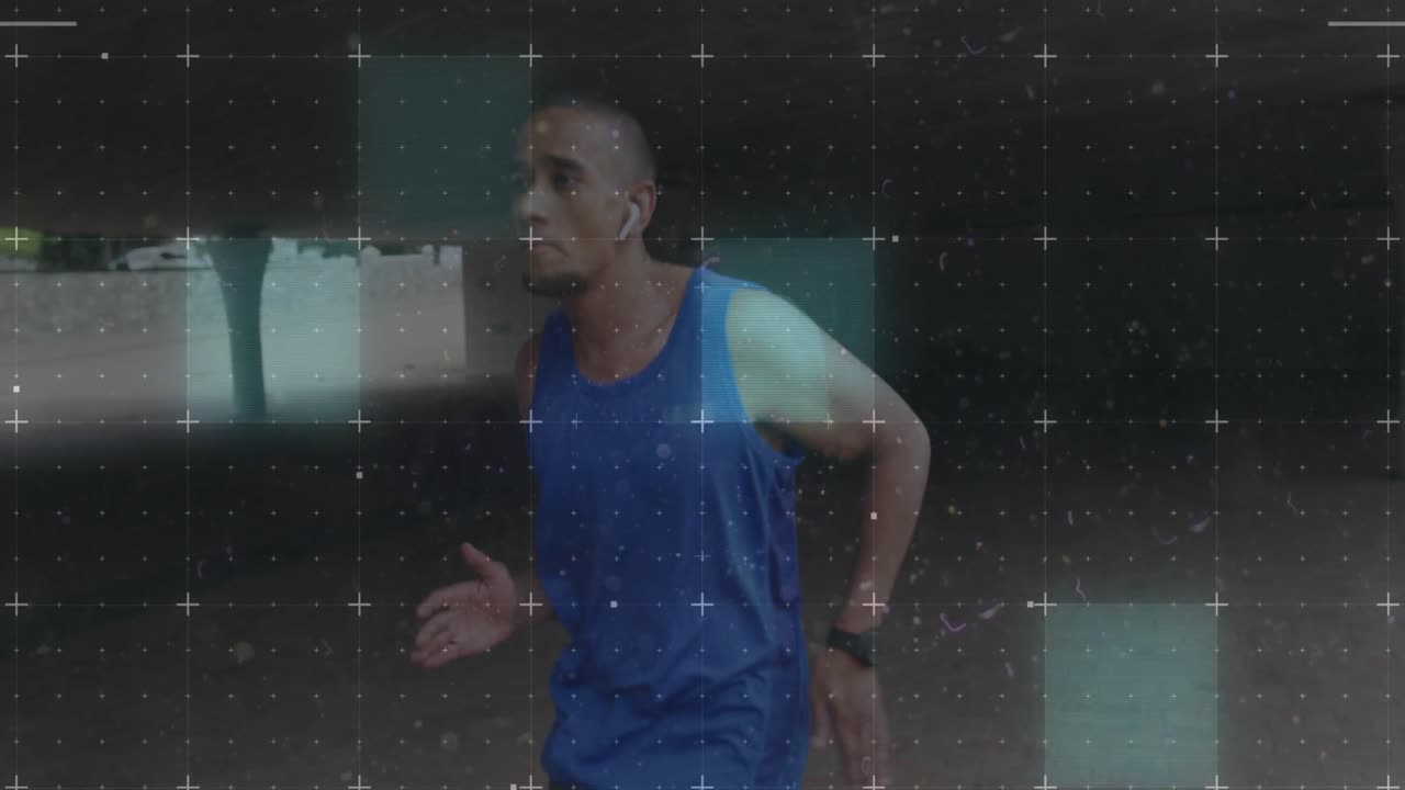 Animation of male runner with prosthetic leg over grid and data processing