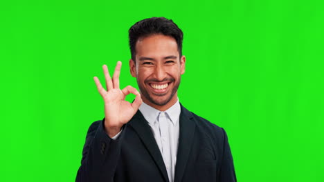Business-man,-smile-and-ok-sign-on-green-screen