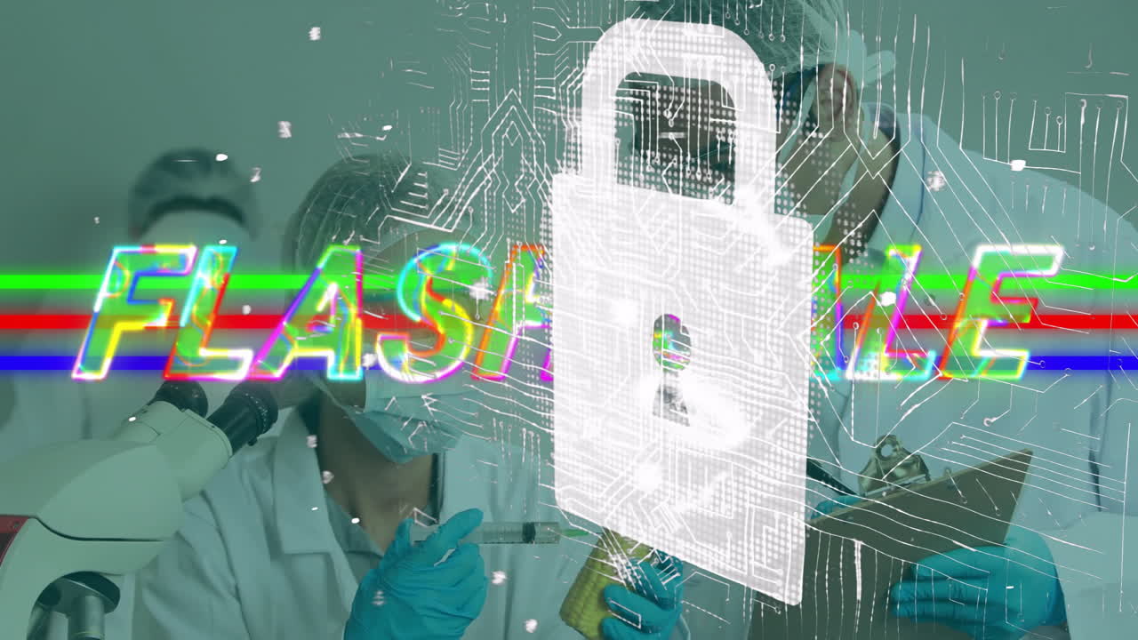 Scientist examining sample with FLASH text and circuit animation overlay