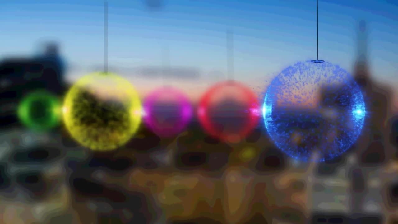 크리스마스 보블의 애니메이션 초점이 맞지 않은 도시 풍경 배경