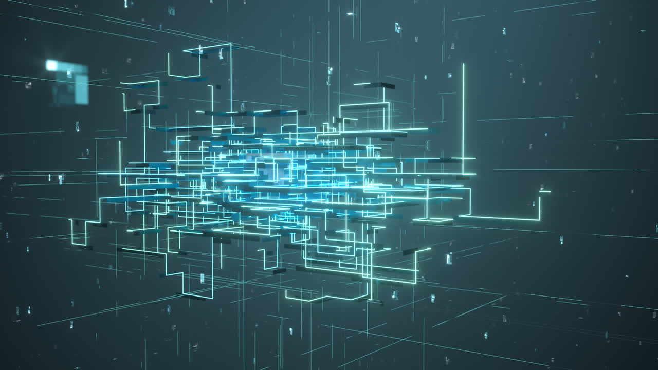 líneas electrónicas brillantes con estructura de circuitos, renderización en 3d.