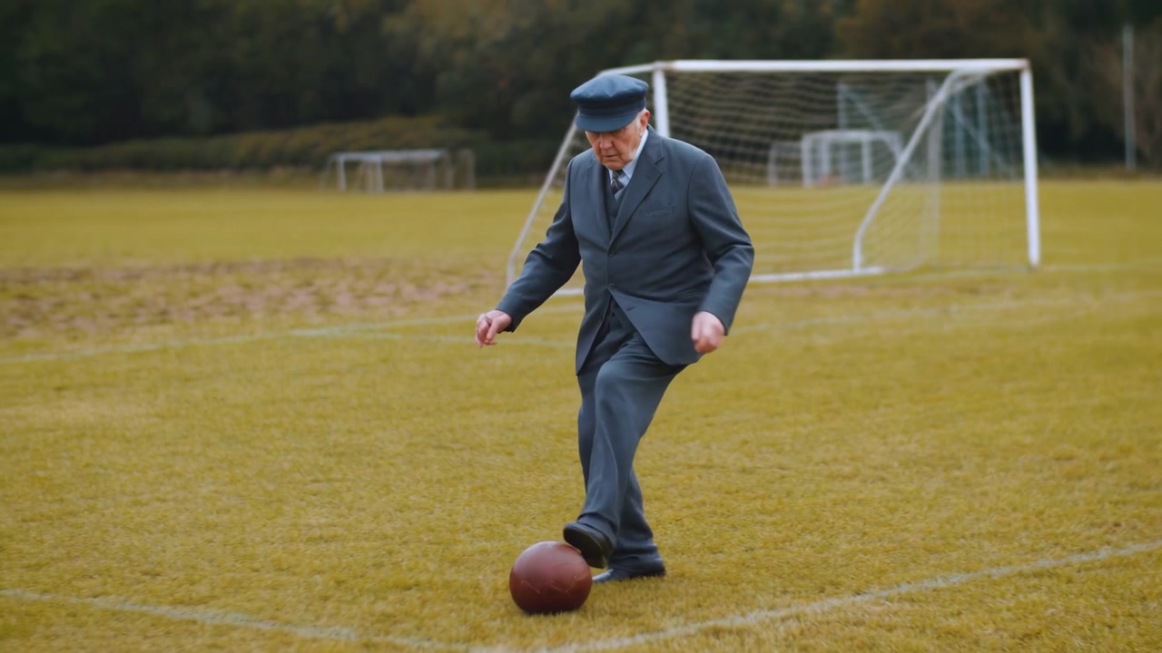 Older man in formal dark suit and cap stands with feet apart beside brown ball on grassy soccer field, head lowered in focused stillness, with blurred goal, distant trees, and calm overcast light