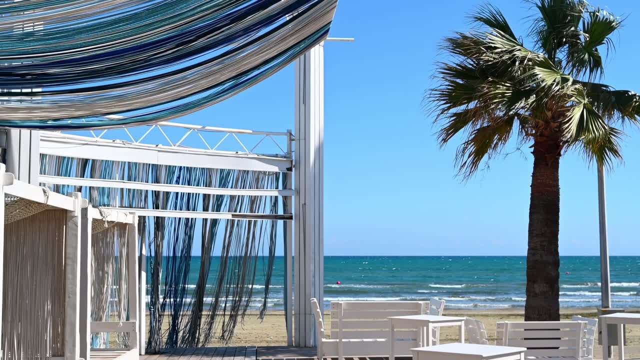 A stylish beach lounge with flowing fabric canopy, palm tree, and Mediterranean Sea horizon in Larnaca, Cyprus