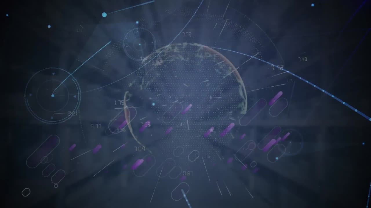 Animazione di scie luminose viola e una rete di connessioni su un globo con sfondo blu.