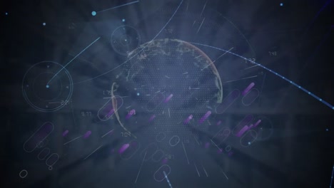 Animation-Von-Violetten-Lichtspuren-Und-Einem-Netzwerk-Von-Verbindungen-über-Den-Globus-Vor-Blauem-Hintergrund