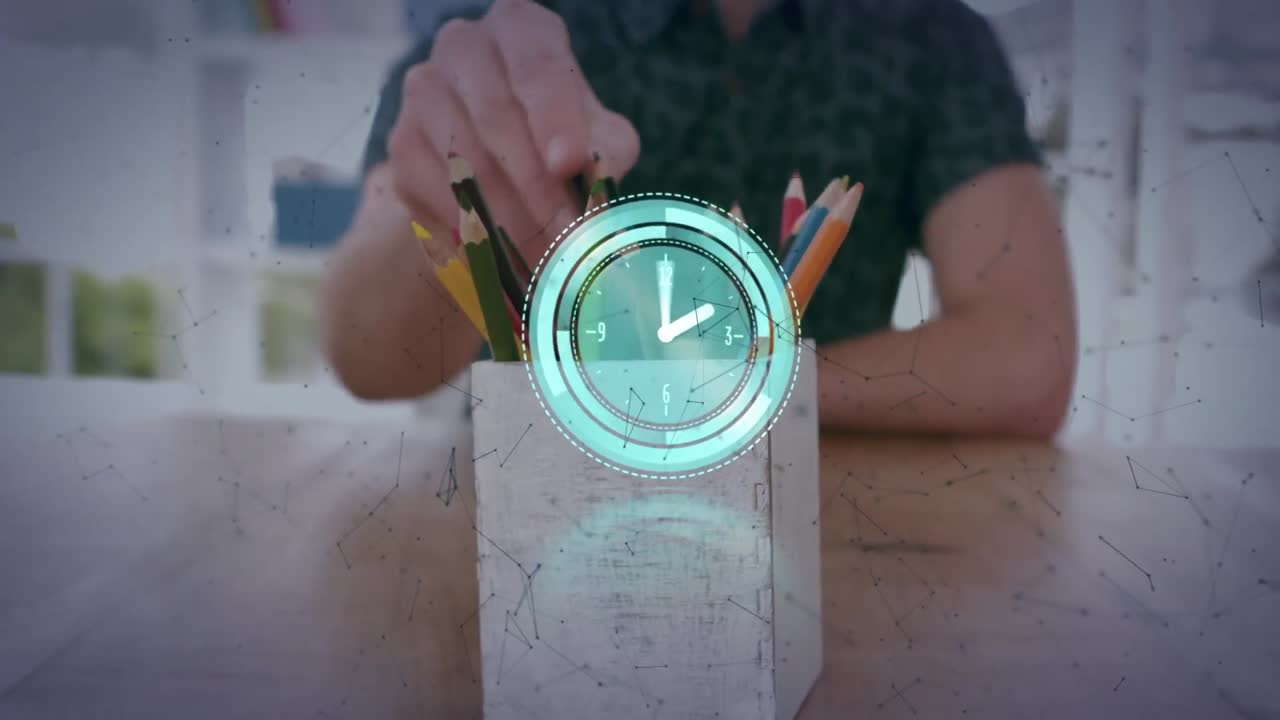 animación del reloj y la red de conexiones sobre el hombre de studding