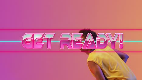 Animation-of-get-ready-text-over-neon-pattern-and-biracial-basketball-player