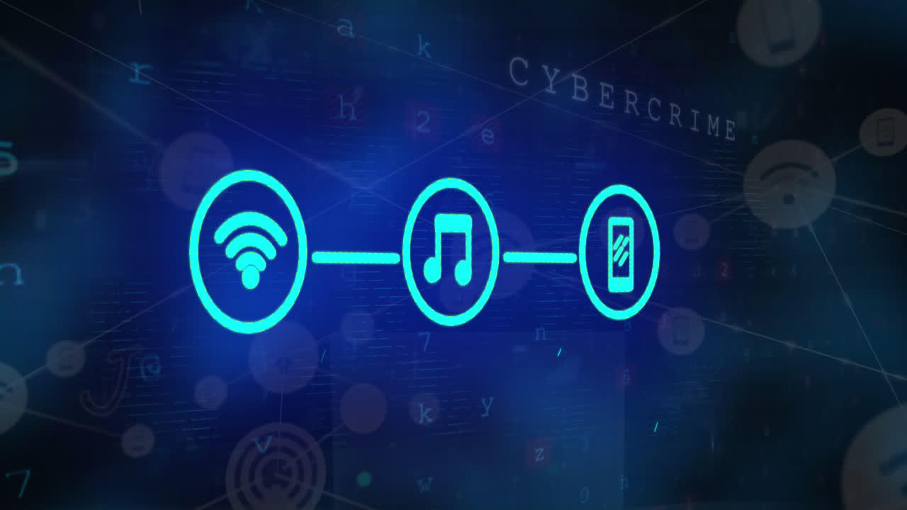 animación de una red de iconos digitales y un punto de luz contra un fondo azul.