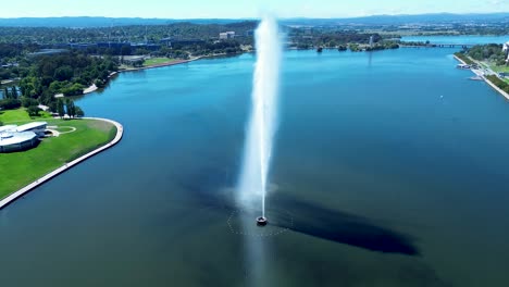 drone aerial landscape of water jets spraying in air memorial fountain design landmark of lake burley griffin canberra capital city act australia parliament travel tourism design lagoon reservoir