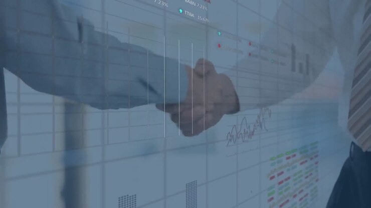 Elaborazione dati del mercato azionario su rete a griglia con la parte centrale di due uomini d'affari che si stringono la mano