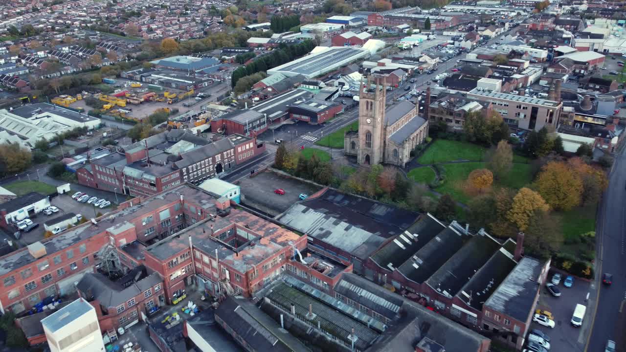 Aerial View of Urban Cityscape with Church and Factories