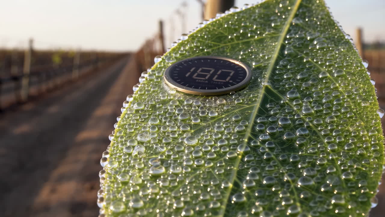 Leaf with dew drops and a temperature sensor