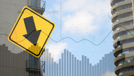 animation of financial data processing over road sign and cityscape