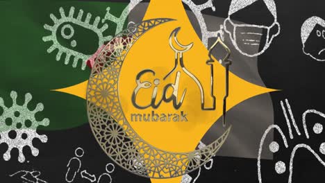 animation of eid mubarak over virus icons and flag of algeria