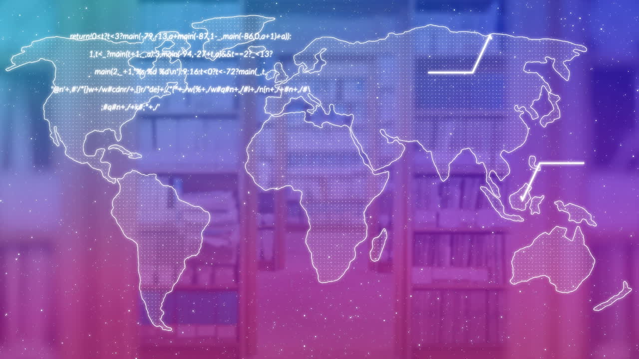 animación de texto y mapa del mundo sobre libros en estantería