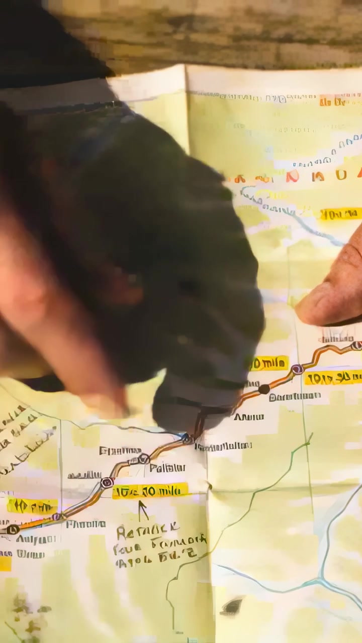 Vertical video: Appearing senior hands tracing route on folded road map at wood table, note visible
