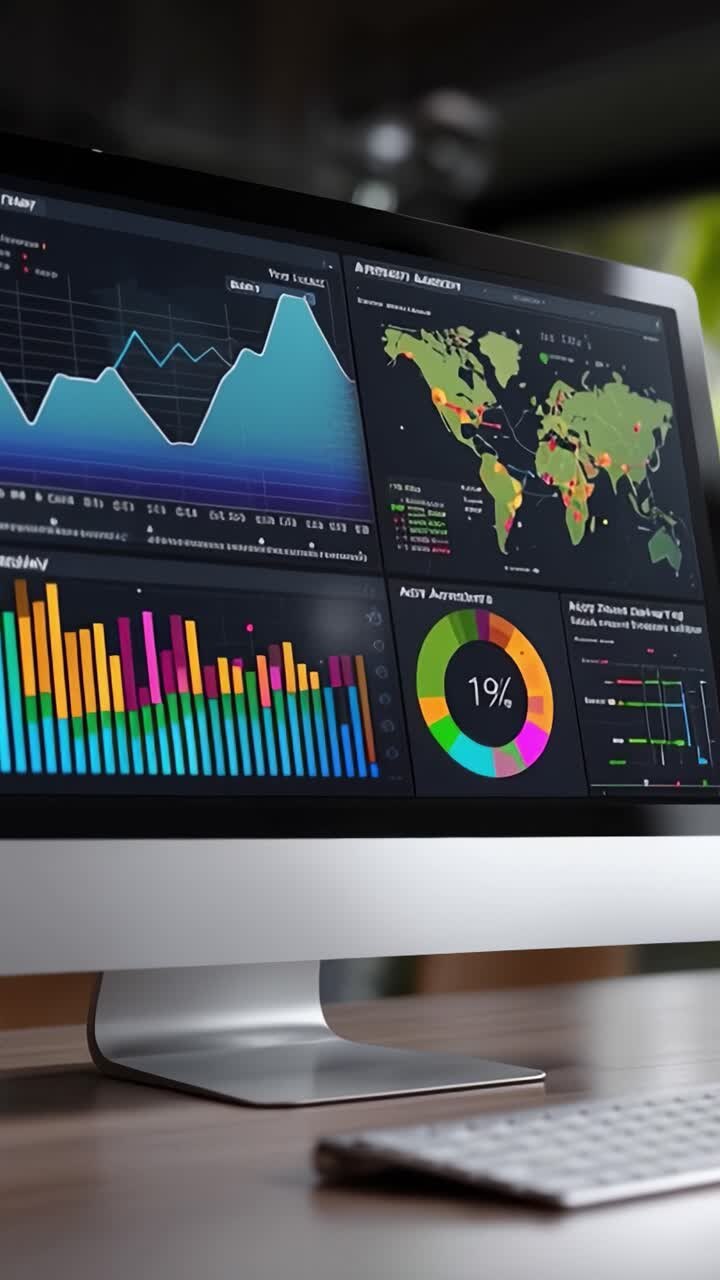 Visualisering av datainnsikt: En moderne datamaskin som viser ulike grafer og statistikk om global informasjonsanalyse i et sofistikert arbeidsmiljø.