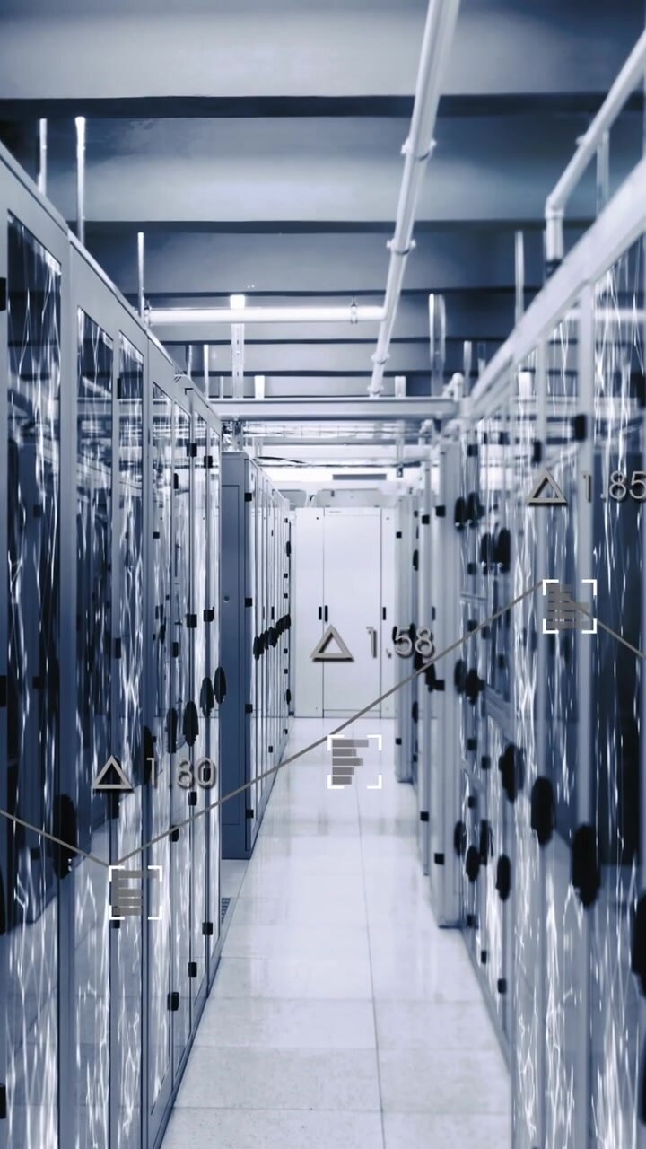 Animation of statistical data processing against plexus networks trails over computer server room