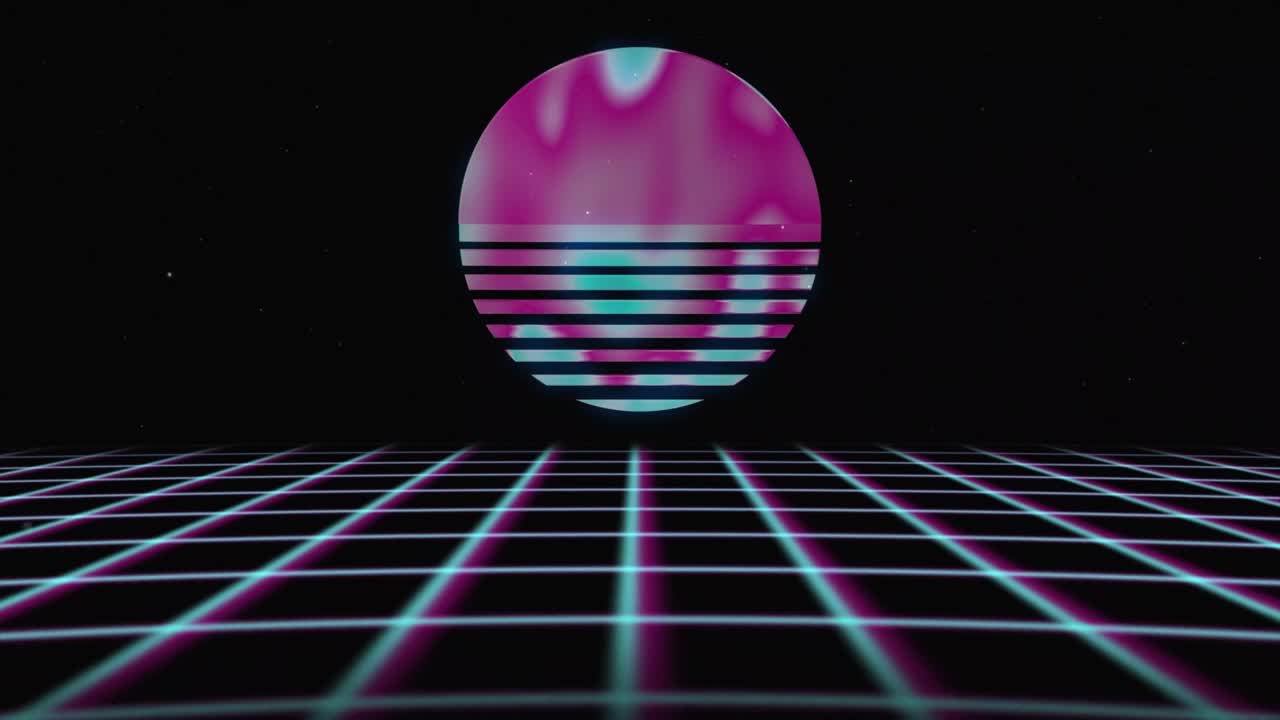 Synthwave wireframe net 80s. Retro futurism background. 3d illustration render seamless loop. Sun over the grid.