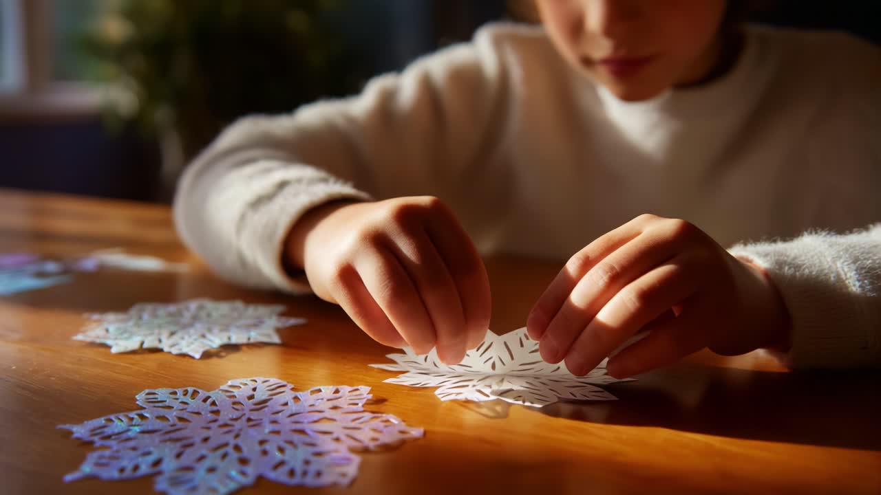 A Young Artist Delicately Crafts Intricate Paper Snowflakes, Showcasing Creativity and Skill in a Sunlit Room, with Beautiful Patterns on the Table and a Focused Expression