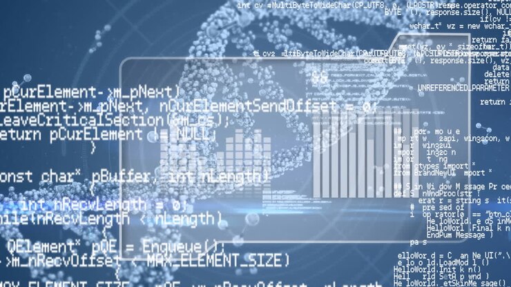 Animation of scientist data processing and dna strand over blue background