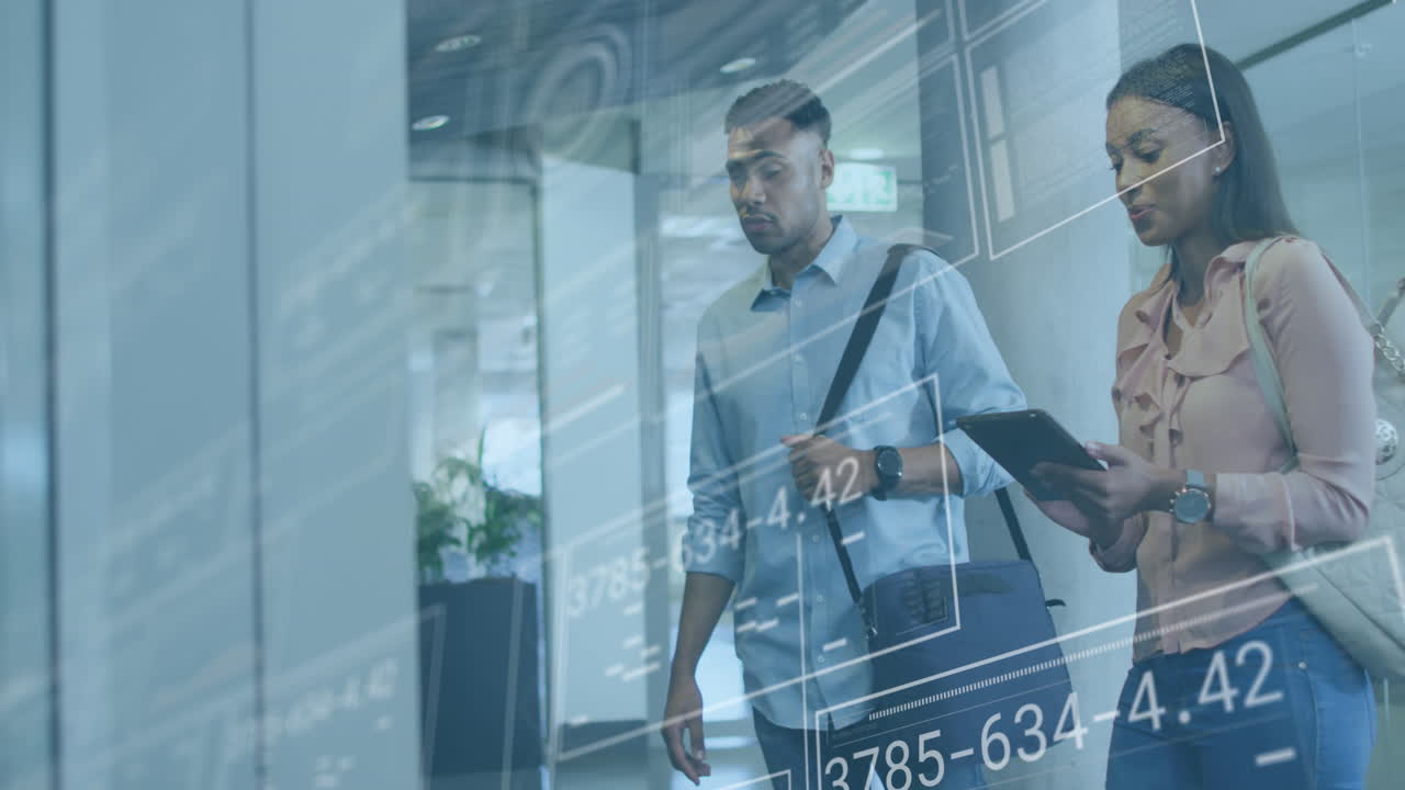 Animation of financial data processing over diverse business people working in office