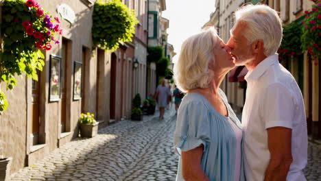 elderly couple's romantic moments on a charming european street