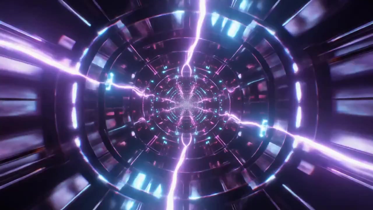 Tunnel astratto futuristico con effetti di fulmini viola luminosi