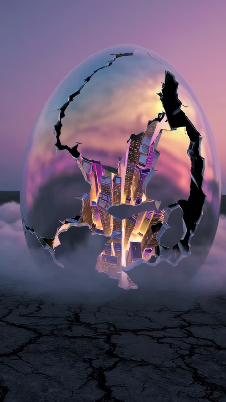 Cracked Egg with Cityscape and Desert Landscape