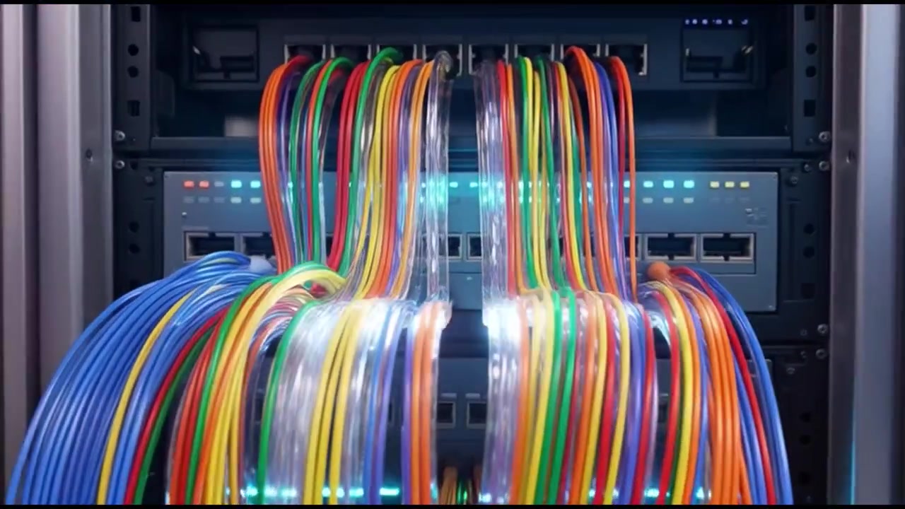 Data Center Server Racks with Glowing Colorful Fiber Optic Cables
