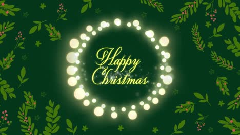 animation of happy christmas text over leaves and ligh spots