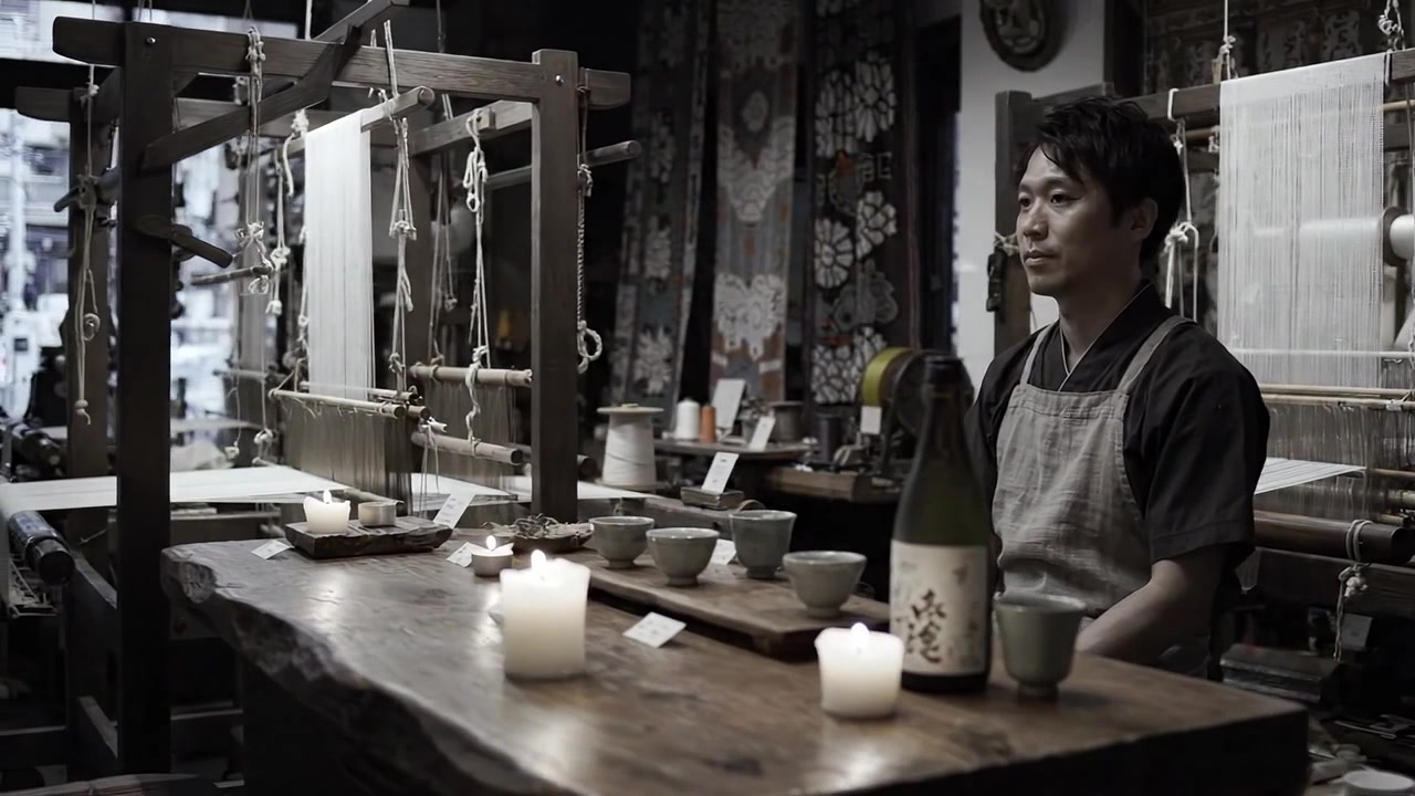 伝統的な工房で機織り機と和風の装飾品に囲まれた熟練職人が、飲み物を準備しながら物思いにふける瞬間。
