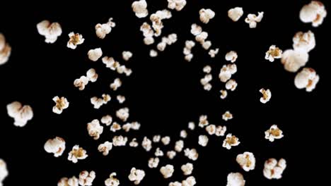 flying many popcorns on black background. white salty popcorn. healthy food. corn seed. 3d loop animation of popcorn rotating.