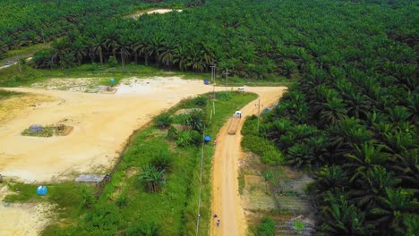 Cinematic-Drone-Footage-of-Onshore-Drilling-Rig-equipment-structure-for-oil-exploration-and-exploitation-in-the-middle-of-jungle-surrounded-by-palm-oil-trees-during-sunset-and-high-oil-price