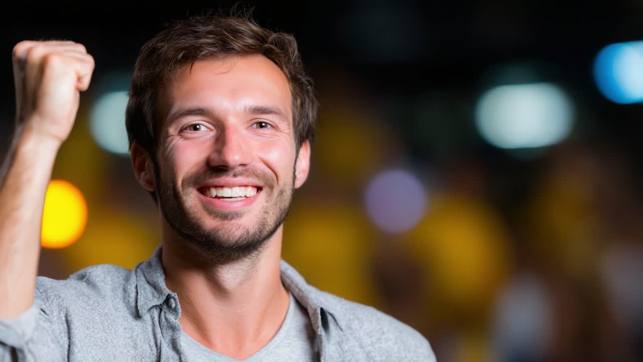 Joyful Celebration: A Man Expresses Excitement and Triumph with a Raised Fist, Capturing a Moment of Happiness and Victory in a Vibrant Atmosphere