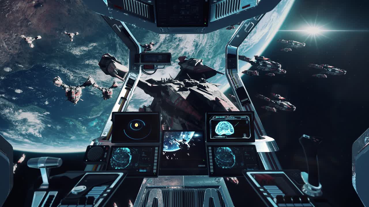 우주선 조종석에서 보기 - 지구 궤도에 있는 공상 과학 전함 함대