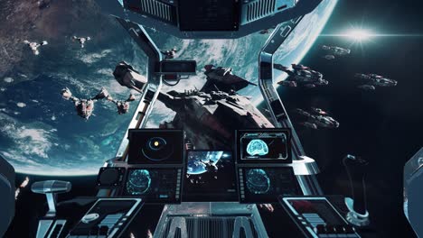 vista desde la cabina de la nave espacial - flota de acorazados de ciencia ficción en órbita terrestre