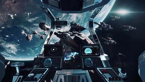 view from spaceship cockpit - sci-fi battleship fleet in orbit of earth