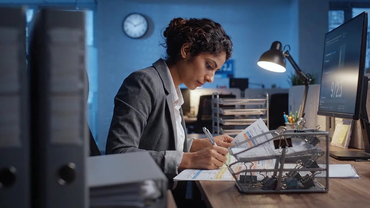Professionista concentrato che analizza documenti in un moderno ambiente d'ufficio a tarda ora, evidenziando dedizione e attenzione ai dettagli nell'esecuzione del lavoro.