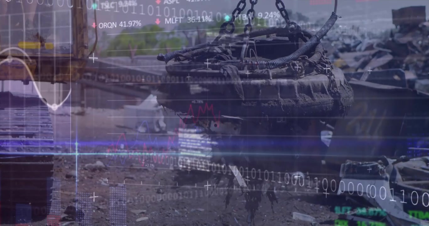 Animation of data processing and security icons over cityscape