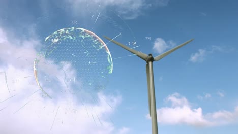 animation of globe with numbers over wind turbine in countryside