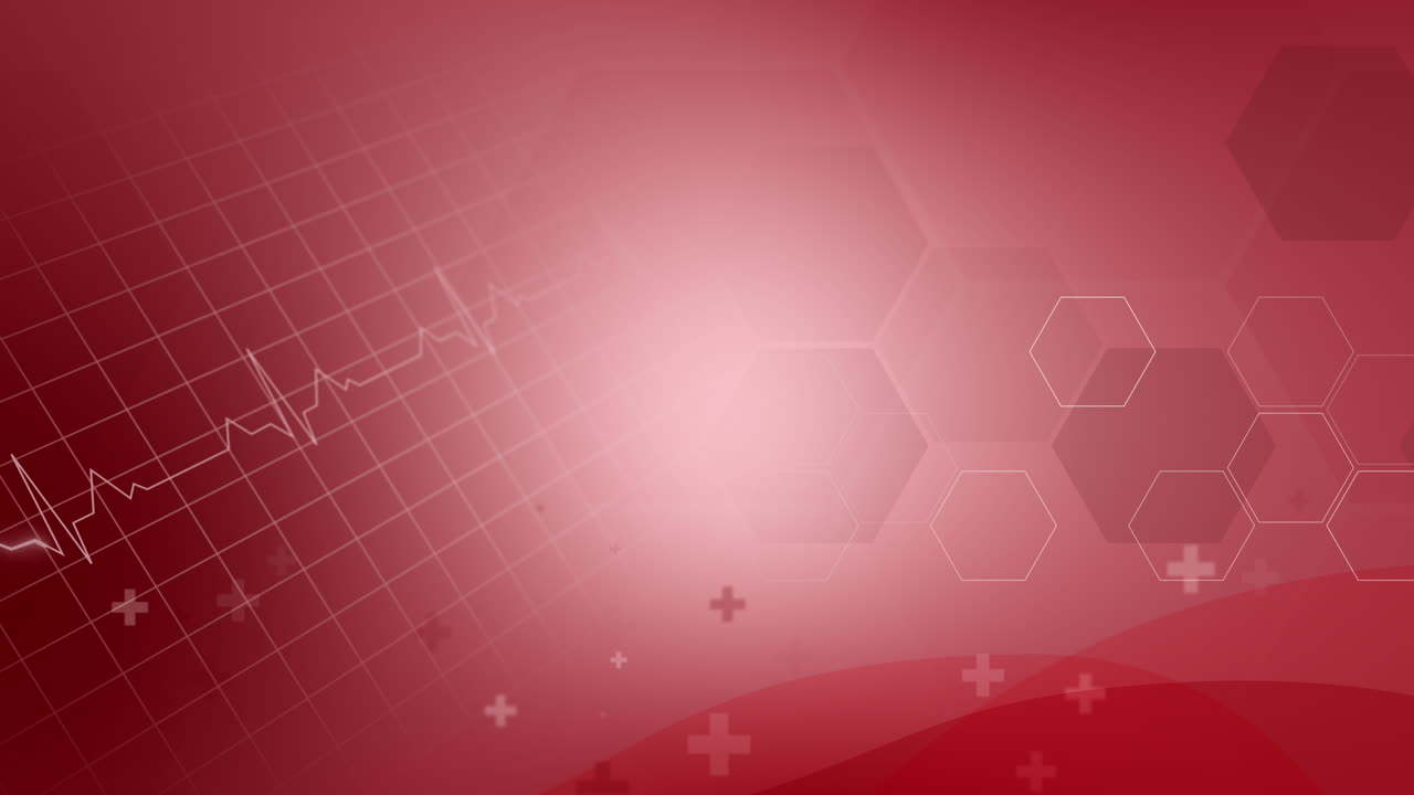 Red modern scientific medical background with grid, heart electrocardiogram and hexagon shapes. Looped abstract motion graphics. Health care.